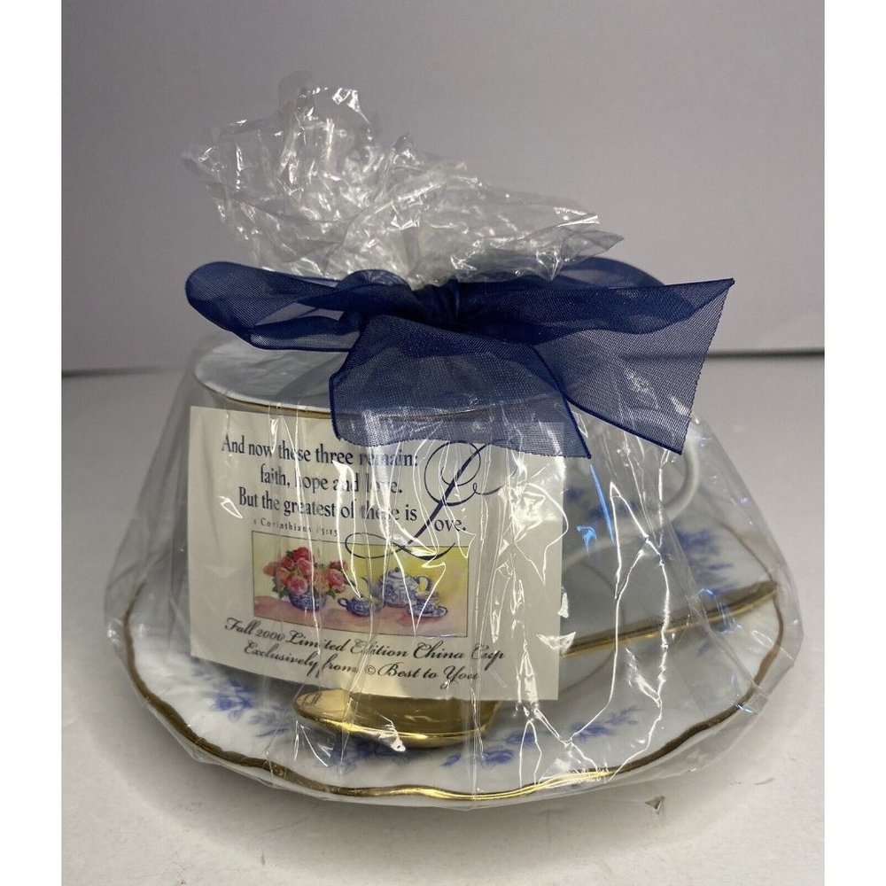 Truly Tasteful Fine China Blue Rose Coffee Tea Cup, Saucer,Spoon, Bible Verse
